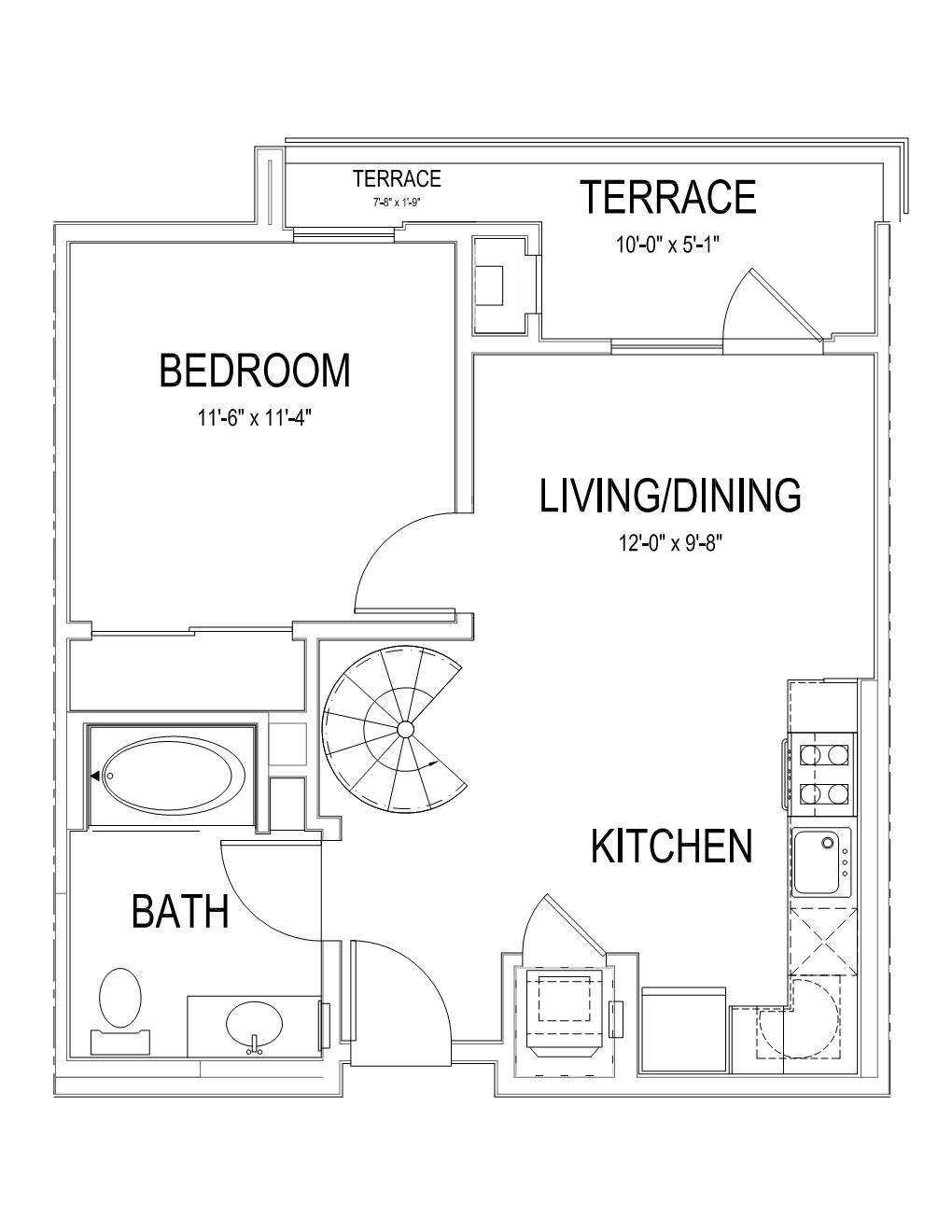 Floor plan for 1 bed, 1 bath, 747 sqft
